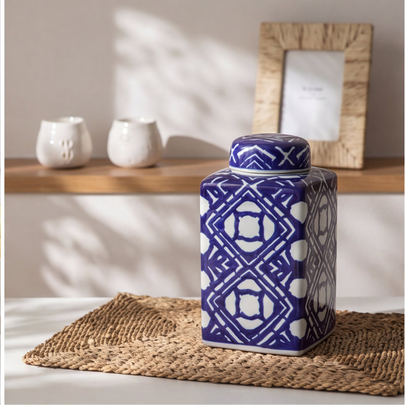 Pot carré en porcelaine Valora, bleu et blanc, 5,3 x 5,3 x 10 po