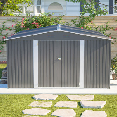 Remise de rangement extérieure en métal 12 po x 14 pi, grande remise à outils de jardin avec portes doubles verrouillables, bâtiment de jardin imperméable, gris clair, convient au rangement d'outils de patio, de cour et de jardin