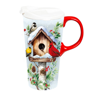 Winter Birdhouse & Birds Ceramic Travel Coffee Cup with Gift Box, 17oz.