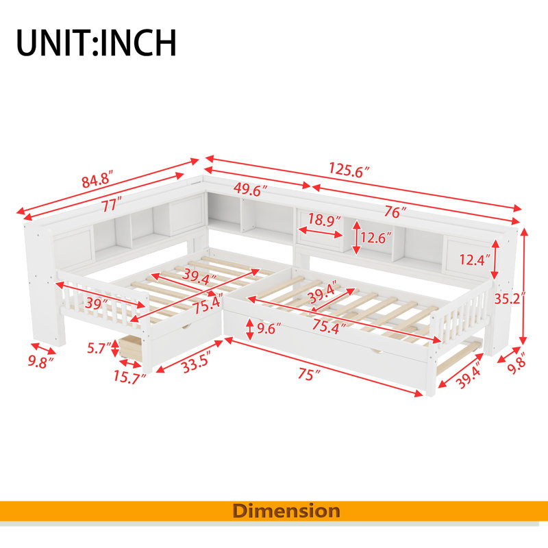 Lit plateforme en L simple avec lit gigogne, lit plateforme en bois massif avec tiroirs de rangement et tablettes, aucune boîte à ressorts nécessaire