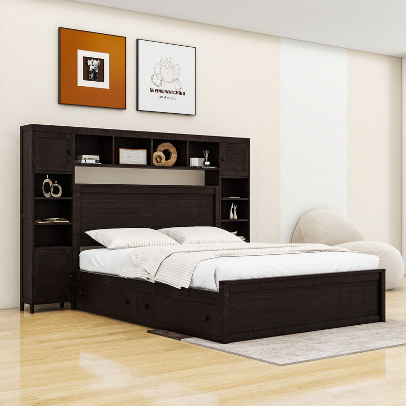 4 Drawers Wood Platform Bed with Cabinet, Espresso