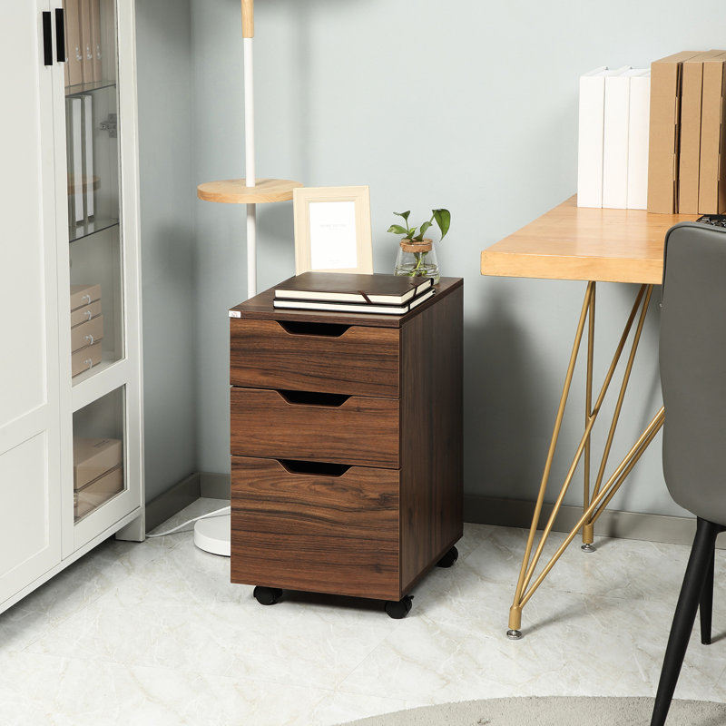 Armoire roulante 3 tiroirs à usage de bureau, grain de bois brun, rangement optionnel, armoire, espace de travail amélioré