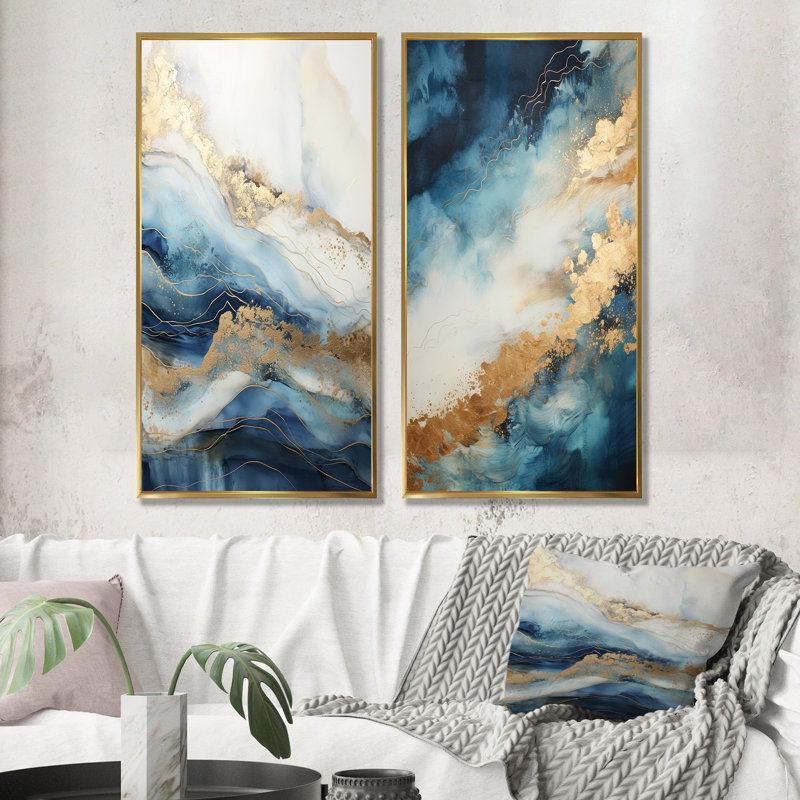 Ensemble de salon art mural blanc et bleu Goldern, H 40 po x l 41 po, Cadre flottant doré