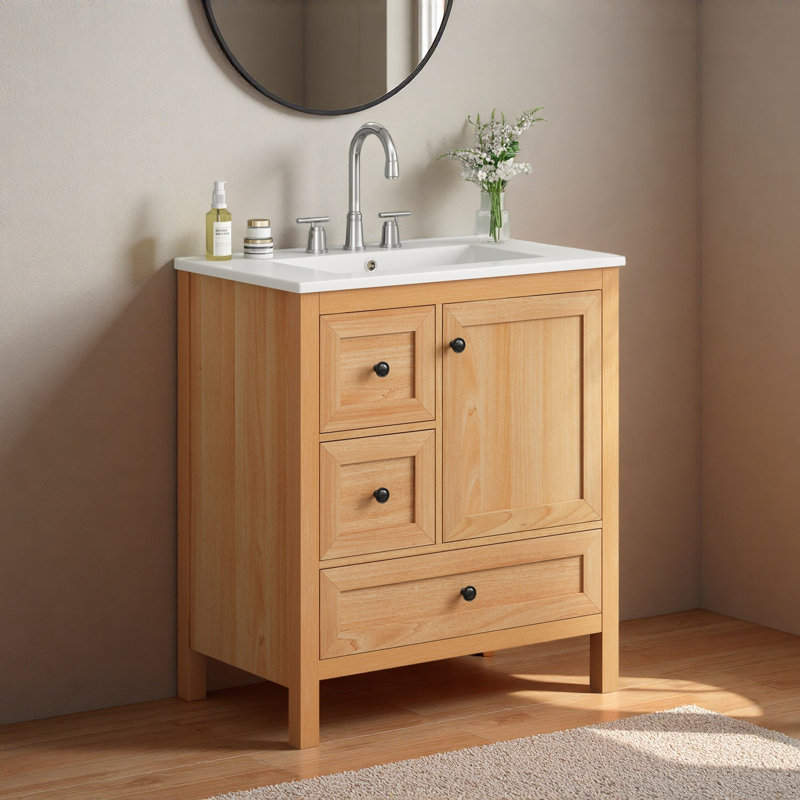 Meuble-lavabo contemporain durable en grain de bois de 30 po avec lavabo en céramique, pieds en bois massif, tablette réglable et porte et tiroir à fermeture en douceur, support de rangement, conception à dossier ouvert