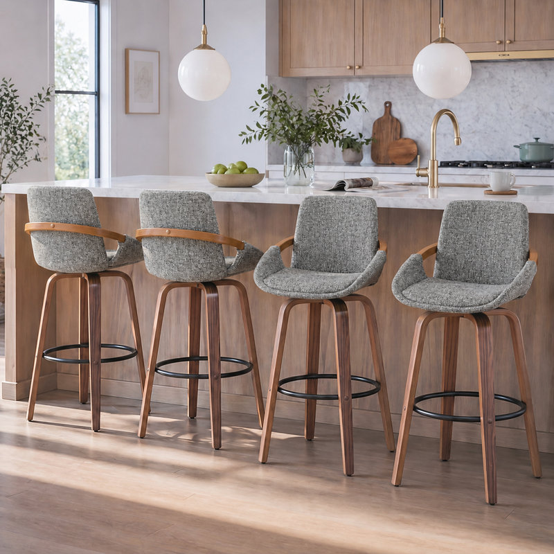 Tabourets de bar pivotants rembourrés avec pieds courbés (ensemble de 4), Gray, Bar Stool (30” Seat Height)