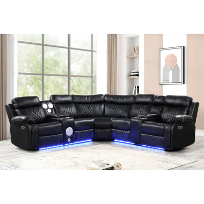 Canapé modulaire noir moderne avec similicuir, porte-gobelets et console double en forme de L avec haut-parleurs intégrés