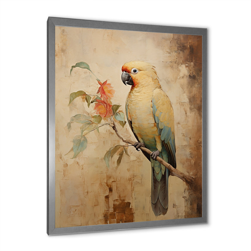 Élégance de plumes de perroquet beige rétro, Cadre simple argenté, H 20 po x l 12 po x P 1 po