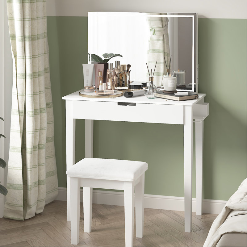 Bureau de meuble-lavabo pour chambre à coucher avec miroir, DEL à intensité variable et 1 tiroir de rangement pour cosmétiques, coiffeuse blanche avec finition: DEL, fonctionnelle