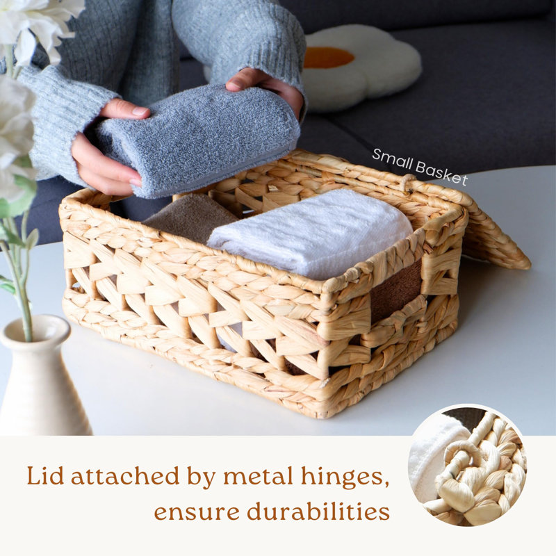 Natural Woven Water Hyacinth Wicker Storage Baskets with Lids, Set of 3
