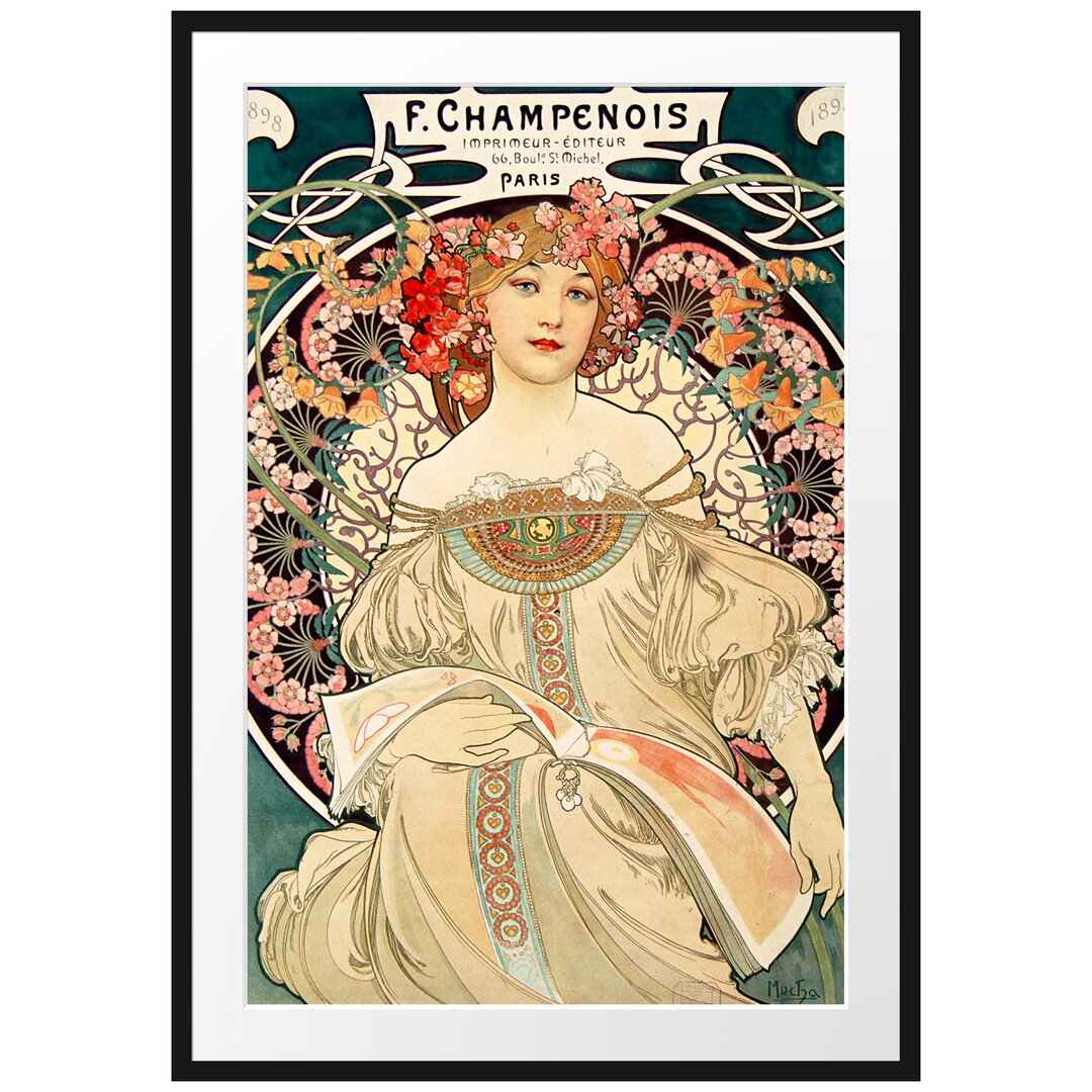 Gerahmter Fotodruck Frau inmitten von Blumen von Alphonse Mucha