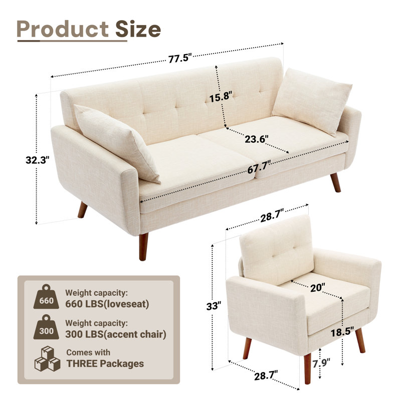  Ensemble de salon rembourré capitonné 78 po avec 2 fauteuils, Beige