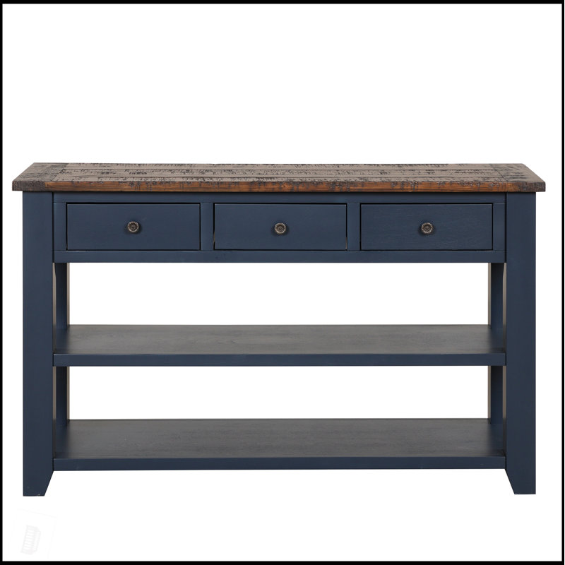Console en bois de pin massif 48 po avec 3 tiroirs et 2 tablettes, facile à assembler pour les vestibules modernes, Marine