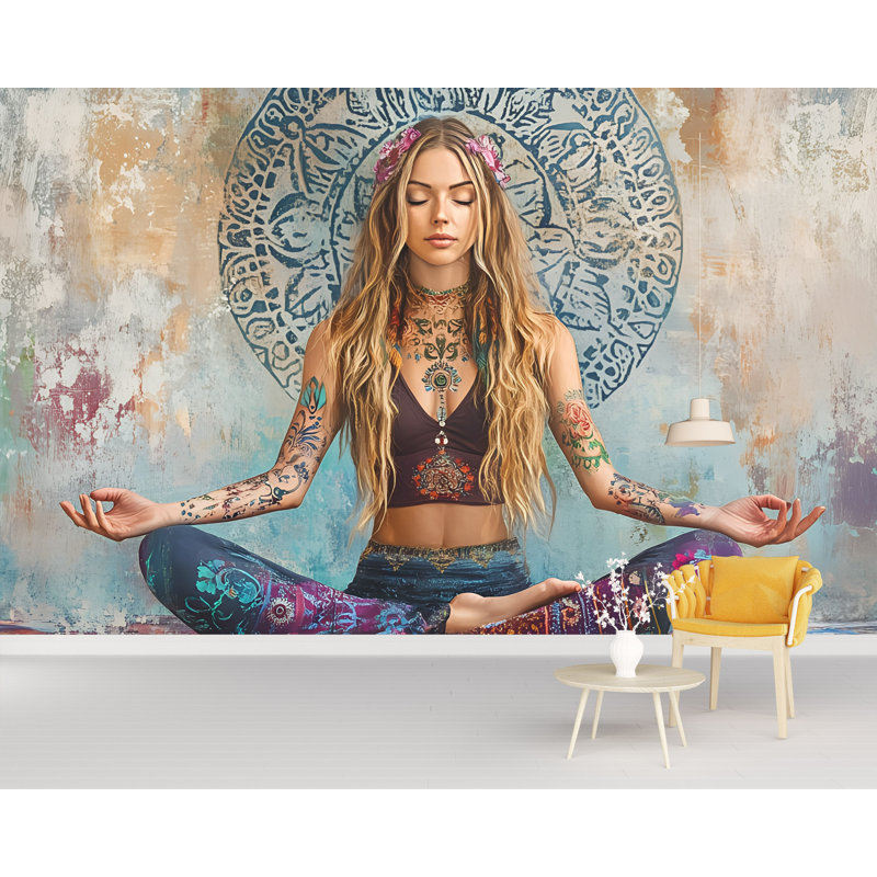 Papier peint Boho Hippie Girl Meditation, L 96 po x l 60 po, Peler et coller