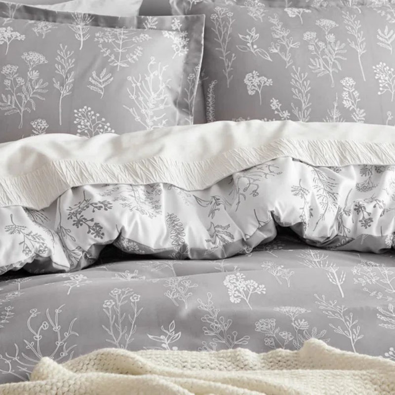 Ensemble d'édredon réversible à motif floral Best vendeur, 89 g / m², Gris, Grand lit