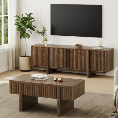 Ensemble meuble télé et table basse cannelée moderne de 70 pouces, centre multimédia en bois imitation bois avec rangement pour salon