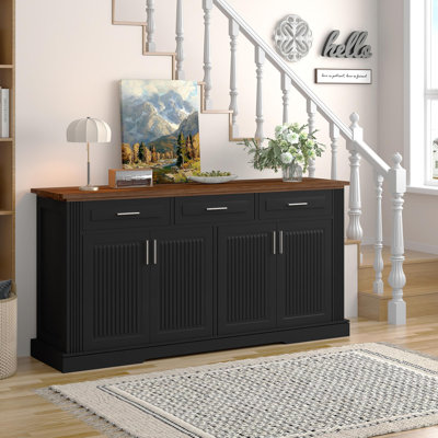 Buffet de style buffet cannelé de 63 po avec rangement, station de café moderne avec 4 portes et 3 tiroirs, console de rangement en bois pour le salon, la salle à manger, noir