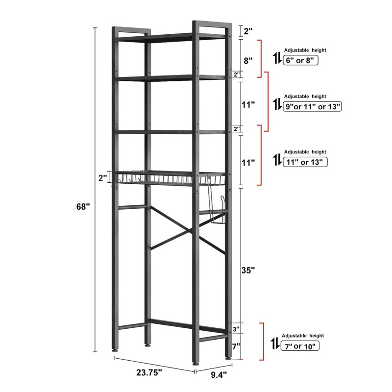 Over The Toilet Storage Shelf, 4-Tier Wooden Bathroom Organizer, Pure Black