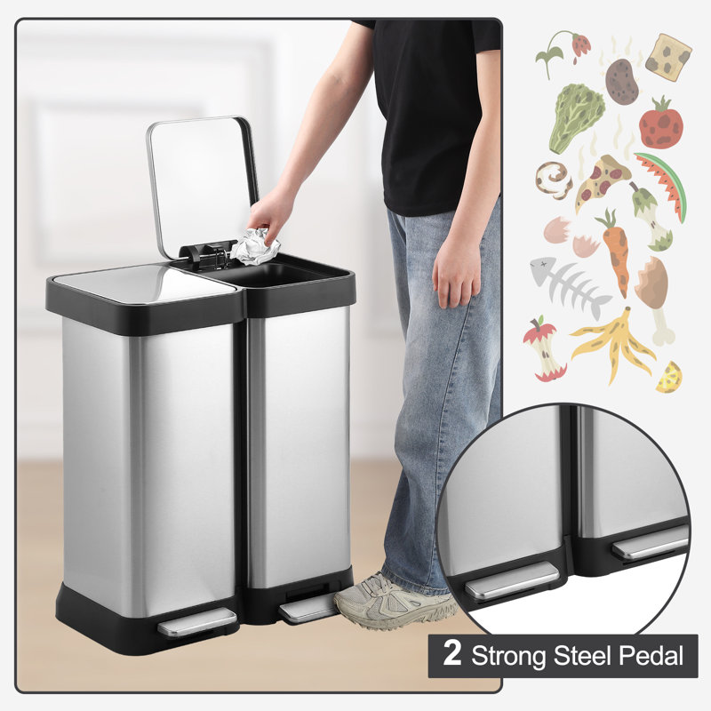 Steel Step On Multi-Compartments Trash & Recycling Bin - 16 Gallons