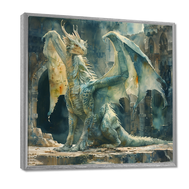 «Green Antique Ruins Dragon I - Dragons», art mural, H 30 po x l 30 po x P 1 po, Toile argentée avec cadre flottant