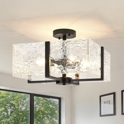 Plafonnier semi-encastré carré en verre texturé noir mat effet vague, style ferme moderne à 4 lumières, idéal pour chambre, salle à manger, hall d'entrée.