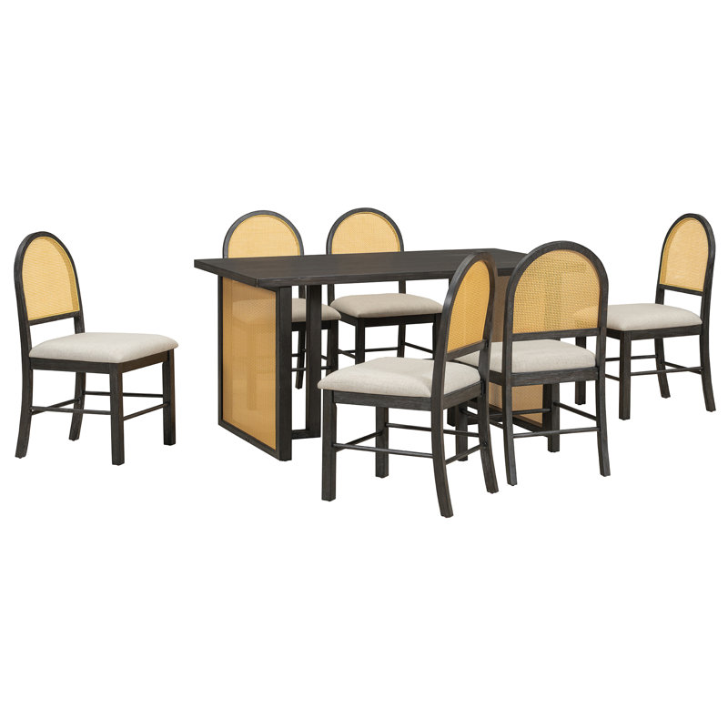 Ensemble de salle à manger 7 pièces avec table rectangulaire 59,8 "et chaises en osier, Noir