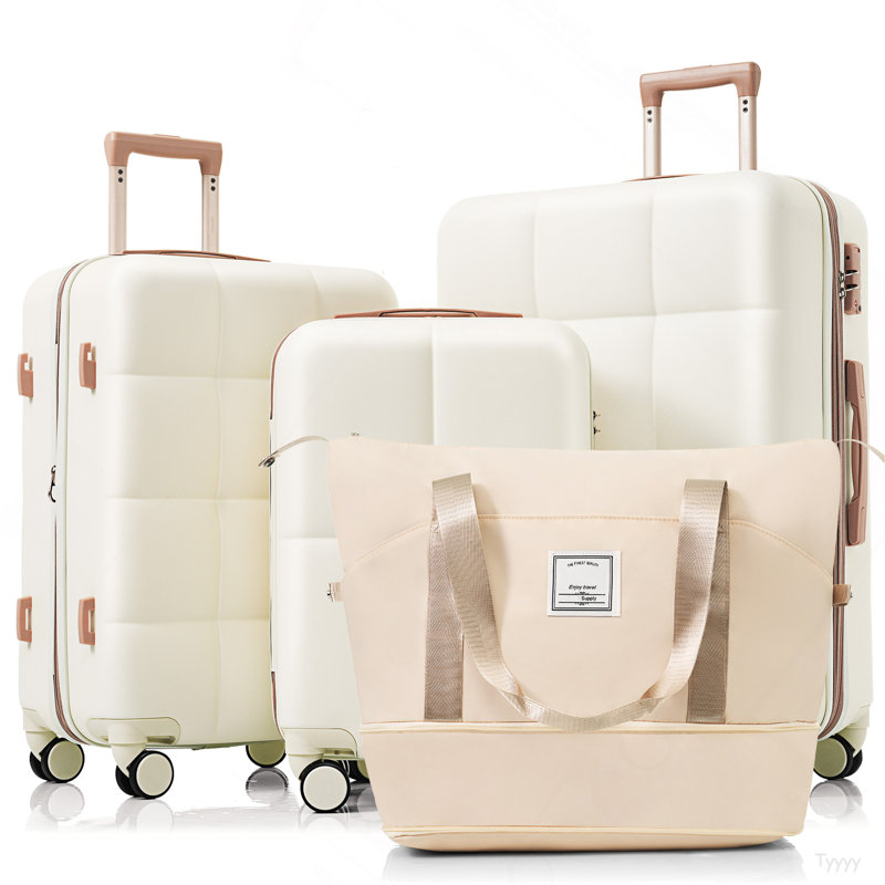 Ensemble de 4 valises, valise durable en ABS avec sac de voyage, porte-gobelet, valise rigide en ABS avec roulettes, blanc