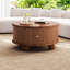 Table basse ronde cannelée avec rangement, bois de pin massif, porte coulissante, design compact, finition noyer-129227929