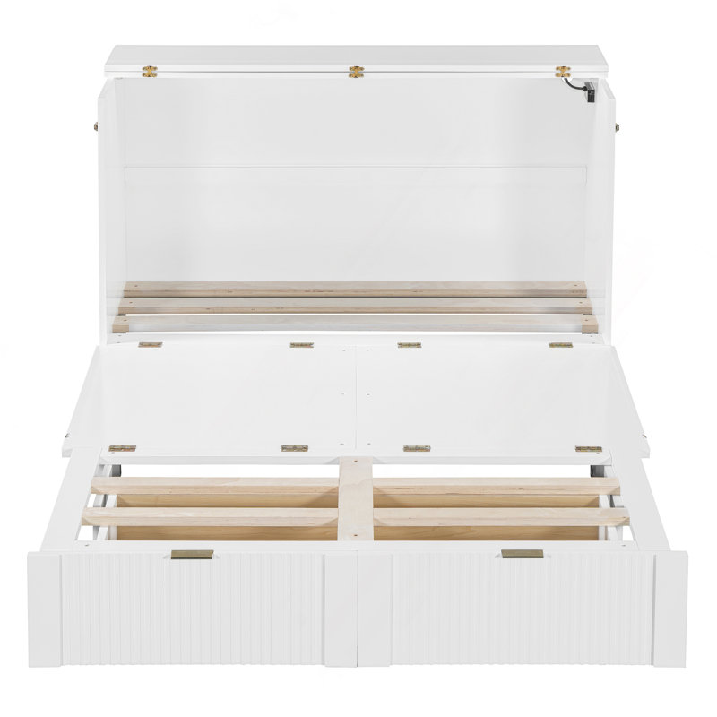 Full Size Murphy Bed  With Drawer And A Set Of Sockets & USB Ports, Pulley Structure Design, White, Full