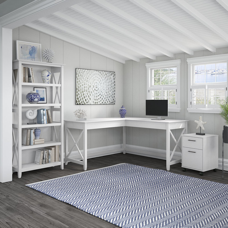 Ensemble de bureau à crédence en L 3 pièces Huckins, Chêne blanc pur
