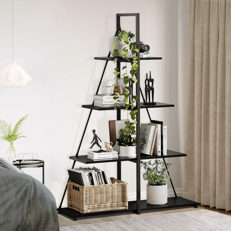 4-Tier Ladder Bookshelf, A-Frame Sailboat Style Bookcase, Freestanding Open Display Shelf for Living Room or Office, Black