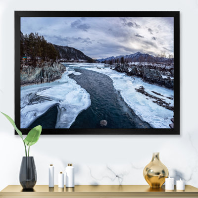 Cold Mountain River At Winter Sunny Day - Traditional Canvas Wall Art Print