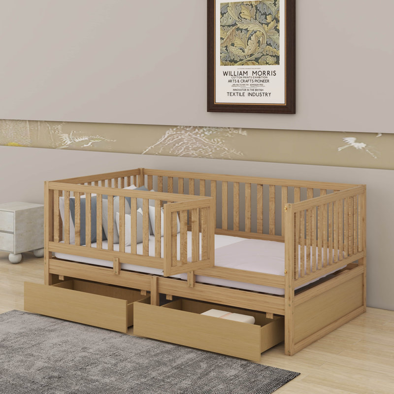 Wood Daybed With Fence Guardrails And Drawers, Twin, Natural