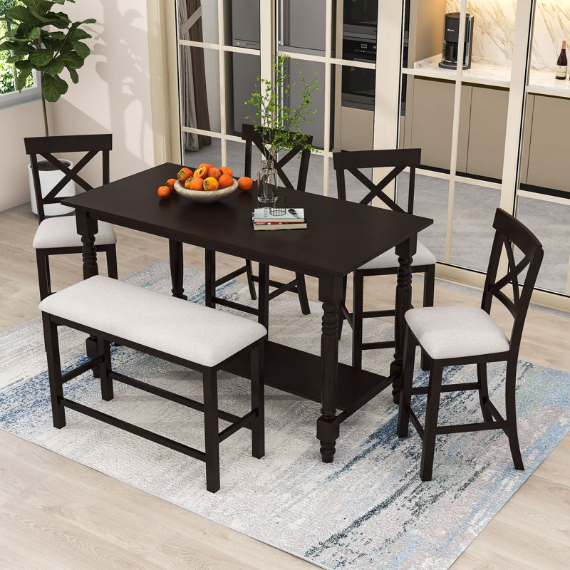 Daylani 6-Piece Dining Set, Counter-Height Dining Table with Storage and Upholstered Chairs and Bench, Espresso