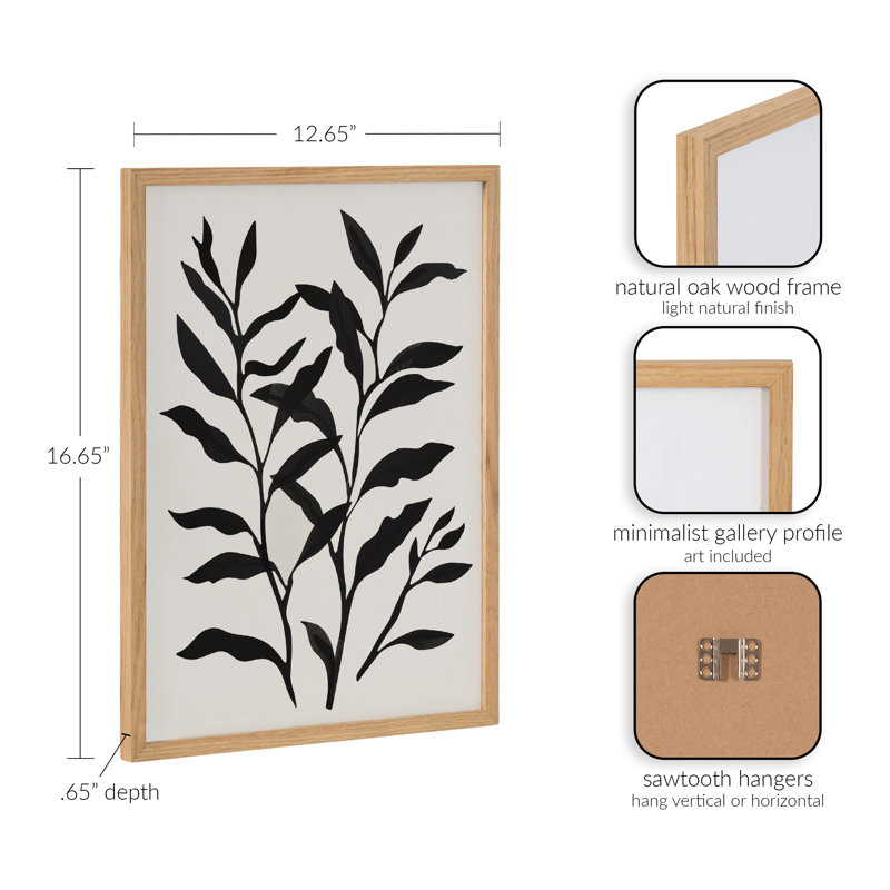 Art mural floral noir et blanc, H 12,65 po x l 16,65 po, Cadre brun clair