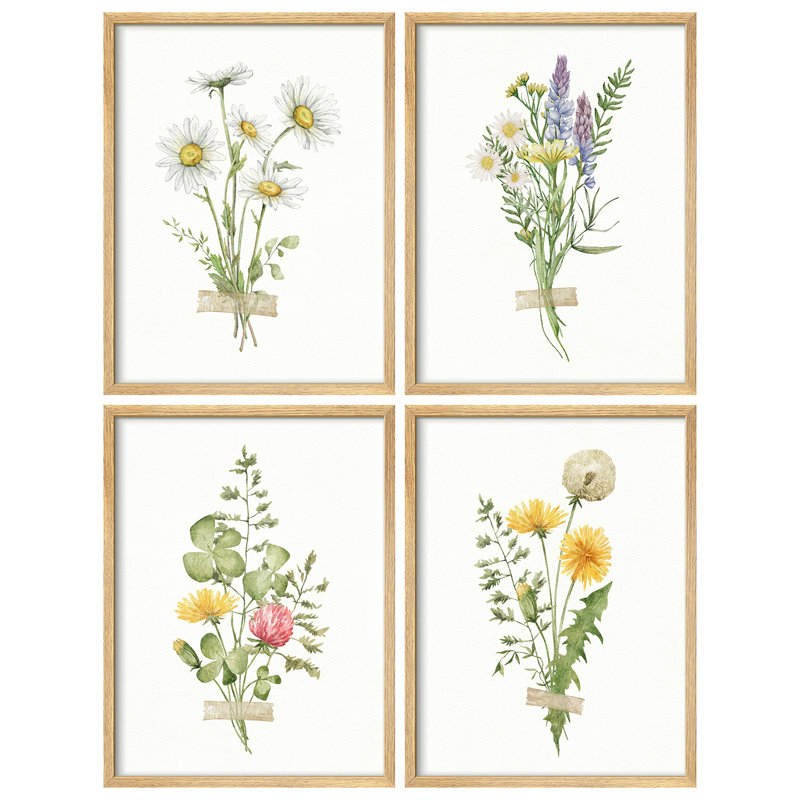 «Faux tape Wildflowers Modern Artwork, impressions encadrées, affiches, petit art mural de salle de bain», 4 pièces, Naturel