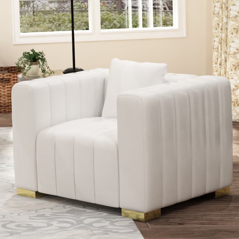 Fauteuil en velours 35,4 po Clifford, Doré, Blanc