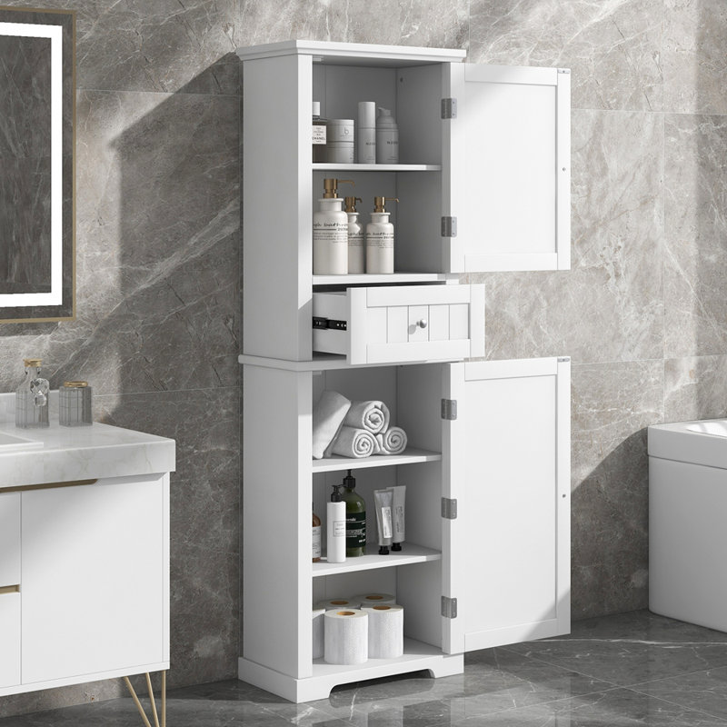 Grande armoire de rangement pour salle de bain, autoportante avec tiroir et tablette réglable, panneau de fibres à densité moyenne, finition peinte en blanc