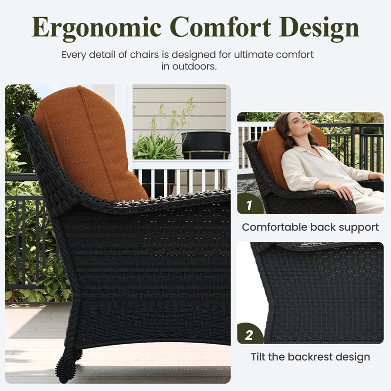 3 Piece Wicker Outdoor Furniture Set With 6-inch Comfy Cushions, High Back Patio Furniture Set With Rattan Armchairs And Side Table