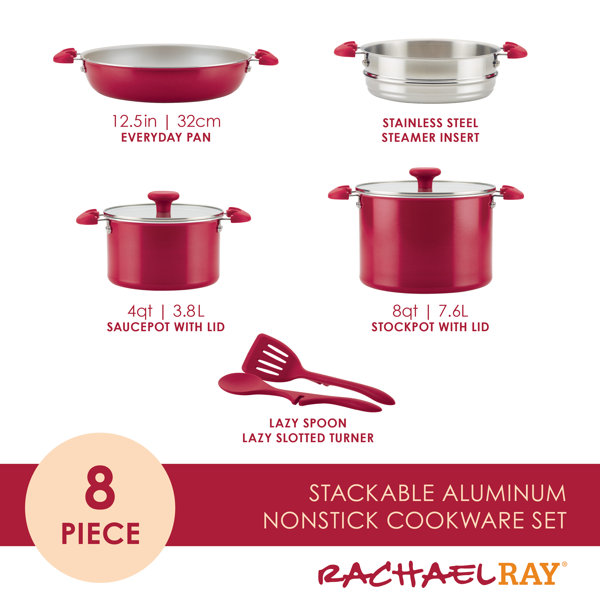 Rachael Ray 15-Piece Get Cooking! Aluminum Nonstick Pots and Pans Set/Cookware  Set, Red 
