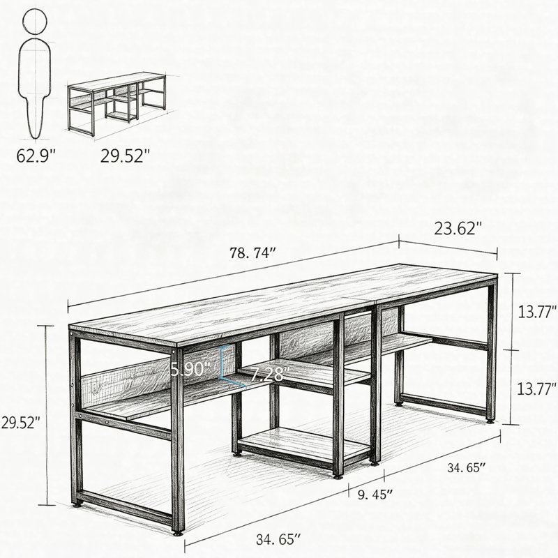 Bureau 78,7 po pour deux personnes, bureau double pour ordinateur avec bibliothèque et tablettes de rangement, Blanc