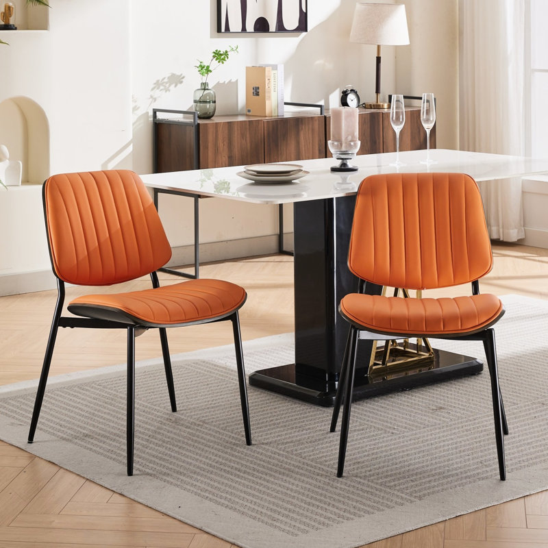 Of 2 Mid Century Modern Dining Chairs, Orange Pu Fabric, Walnut , Metal Legs, Ergonomic & Fashionable For Kitchen Office Style Leather, Back, Design With Adjustable Back Custom Fit