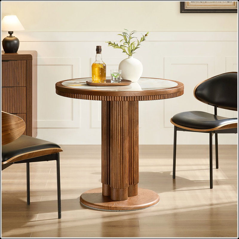 Table de salle à manger 33,07 pouces Mid-Century ronde avec plateau en pierre frittée et structure en bois massif, compacte et polyvalente pour les cuisines et les salles à manger modernes