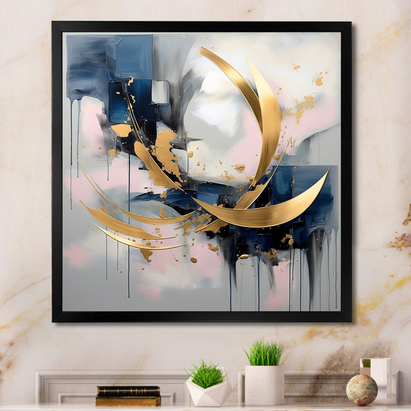 «Golden Blue Abstract Whirls Of Serenity I», impression d'art mural fractal, Black Picture Framed, 30" H x 30" W