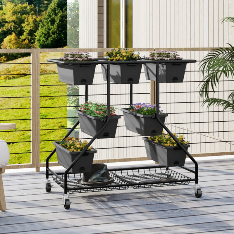 40 In. Black Plastic Vertical Raised Garden Bed With 7-Planter Boxes And Storage Baskets