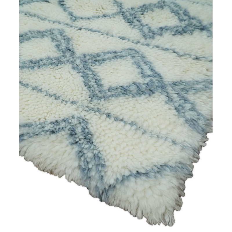 Tapis bleu géométrique en laine noué à la main, Rectangle 5 pi x 8 pi