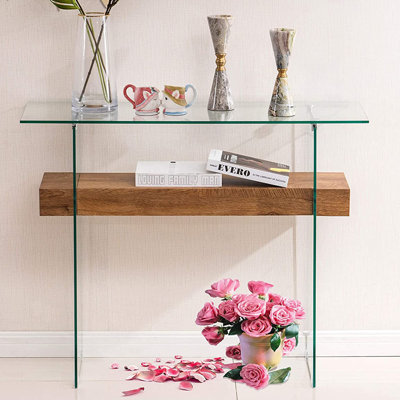 31.5'' Narrow Glass Console Table with Storage, Small Entryway Table with Natural Wood Shelves