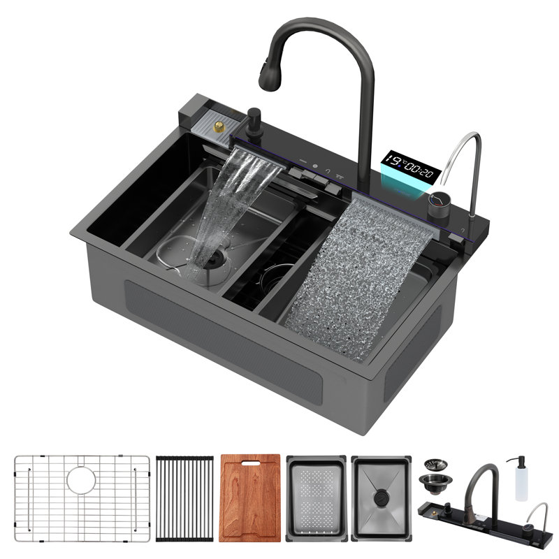 Smart Led Display Stainless Steel Kitchen Sink - Modern Gunmetal Finish, Ideal For Family Kitchens