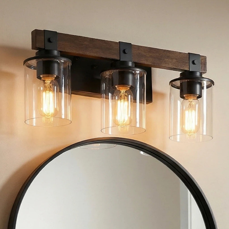 3-Light Rustic Industrial Bathroom Vanity Light Wall Mounted with Clear Glass Shades and Wood Accents, 3