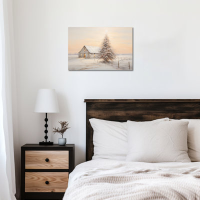 «Christmas Farm», art mural de Noël rétro, peinture rustique d'hiver pour le salon, arbre de Noël campagnard, reproduction d'art sur toile tendue, 12 po x 16 po
