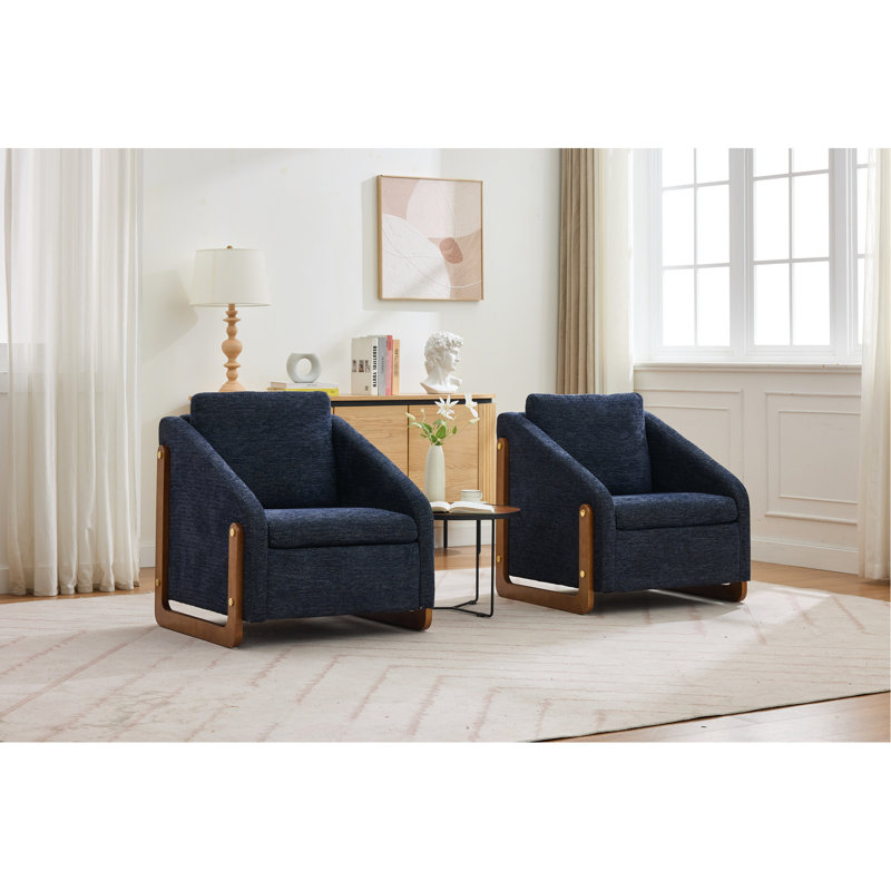 Fauteuil moderne en tissu de chenille, assise rembourrée et structure en bois - cadre de fauteuil bleu, confortable pour le salon